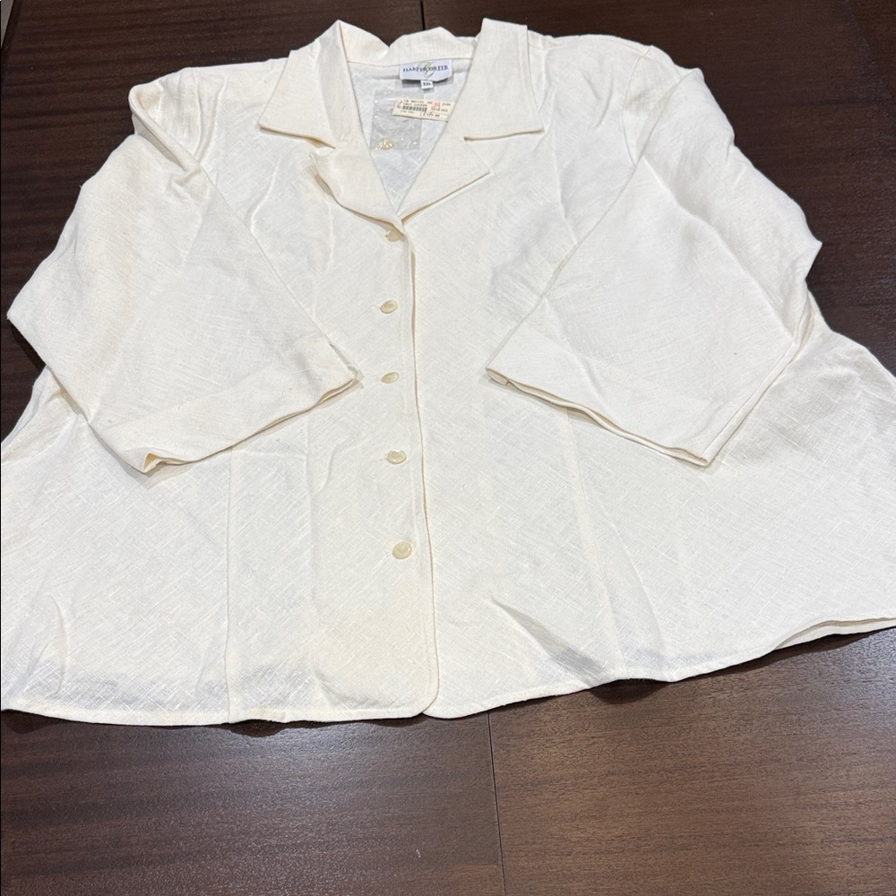 Vintage Harper Greer Ivory Linen 3/4 Cuff sleeve Button Down Blouse Sz XXL